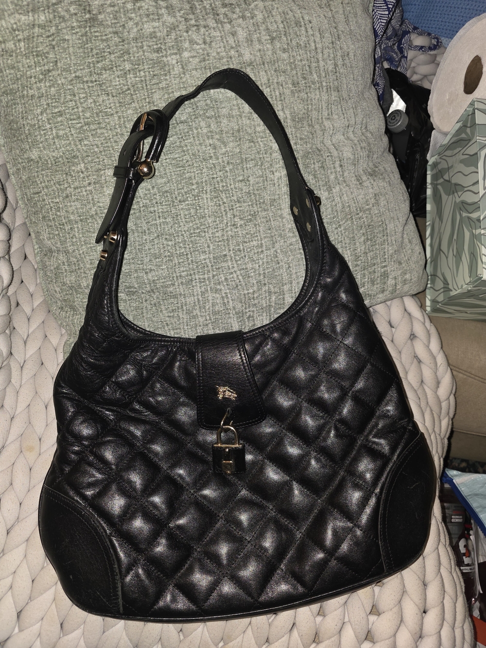 Burberry Black Quilted Leather Brooke Hobo Shoulder Bag W Padlock & Gold Accents